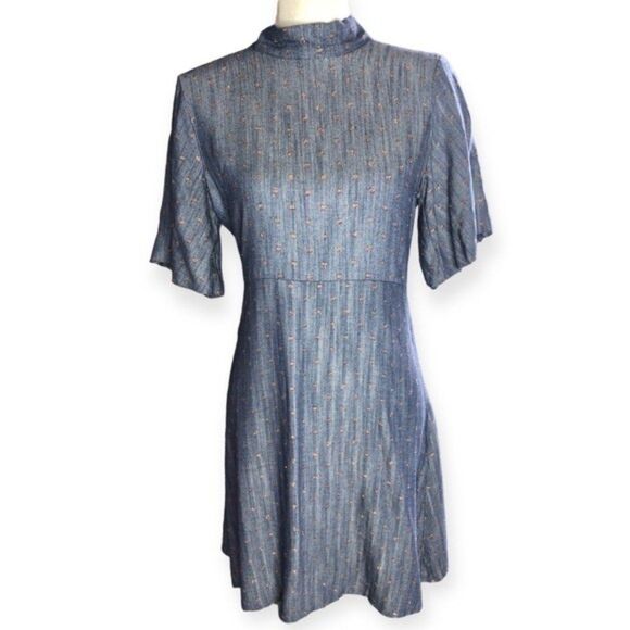 Magari Italy Denim Blue Rose Gold Polka Dots Knee Length Fit & Flare Dress - Picture 1 of 8